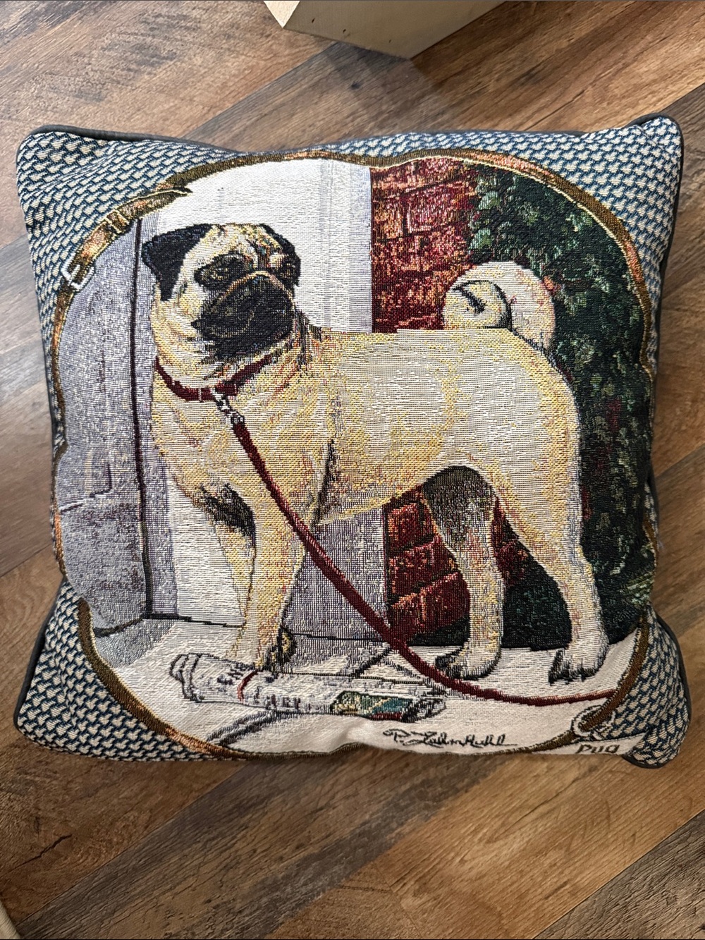 Tapestry Pug Accent Pillow - Cream and Black vintage Pillow